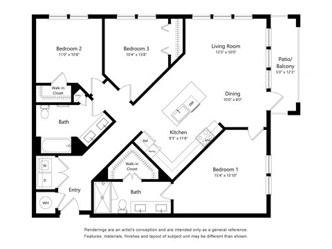 Three Bedroom Floor Plan with 1,282 Sq. Ft.  at The Foundry Luxury Apartments in Tampa FL